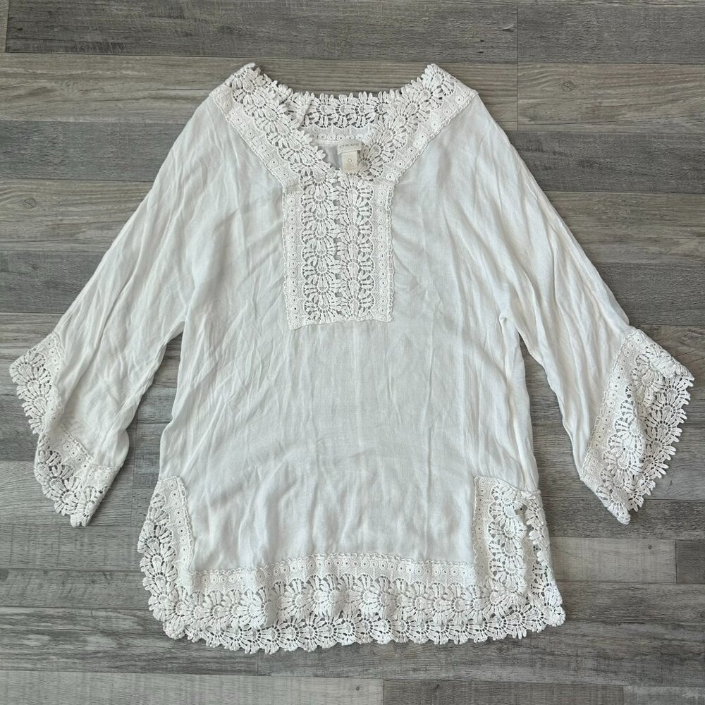 Chico's white semi sheer embroidered lace tunic 3/4 sleeve small/medium L33